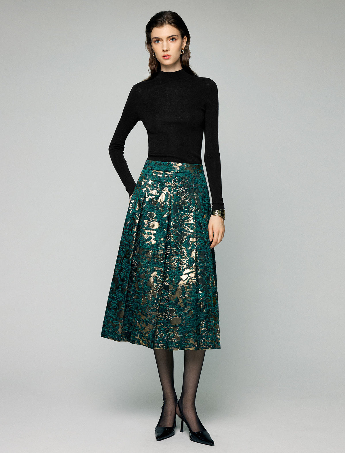 Metallic Floral High-Waist A-Line Midi Skirt