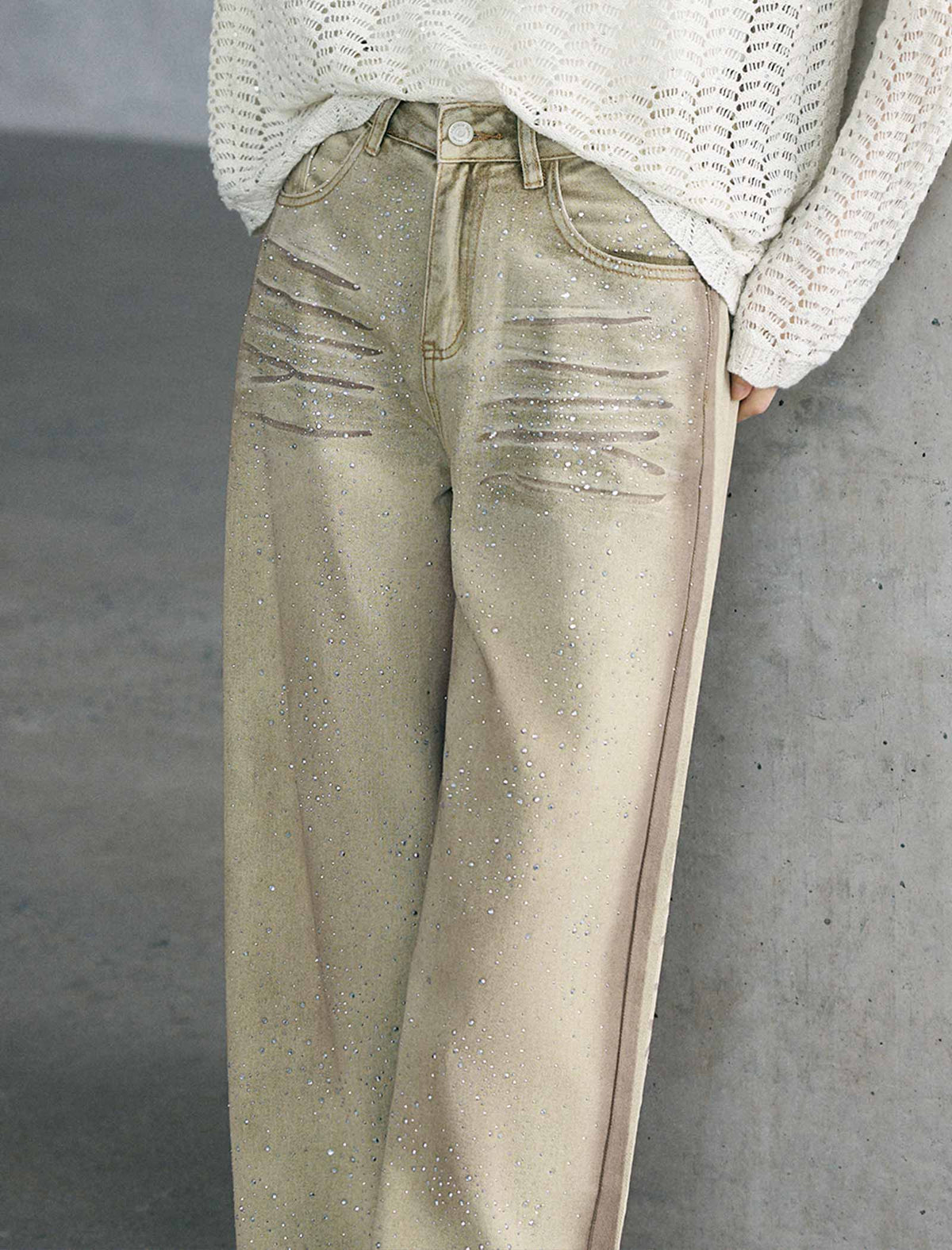 Vintage Washed Rhinestone Wide Leg Denim Pants