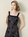 Black Gold Floral Sequin Lace Wide Strap Midi Slip Dress