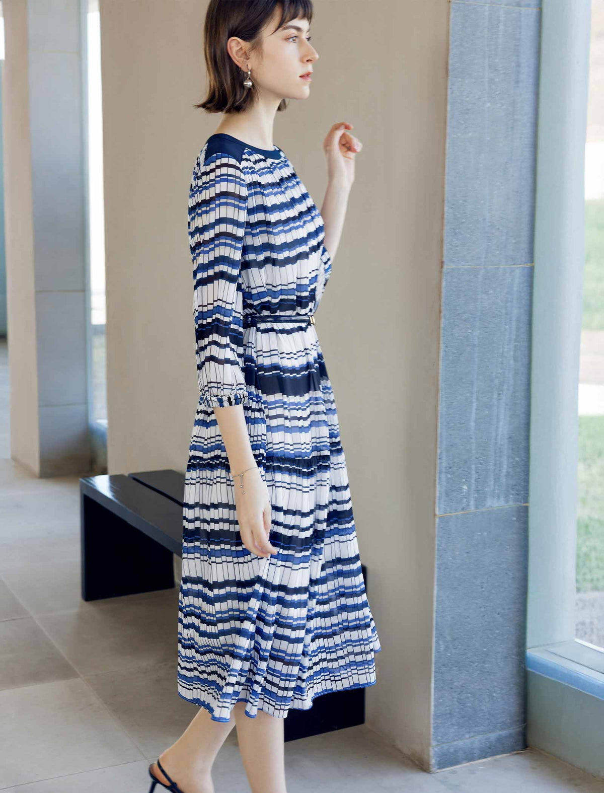 Blue Geometric Stripe 3/4 Sleeve Midi Dress
