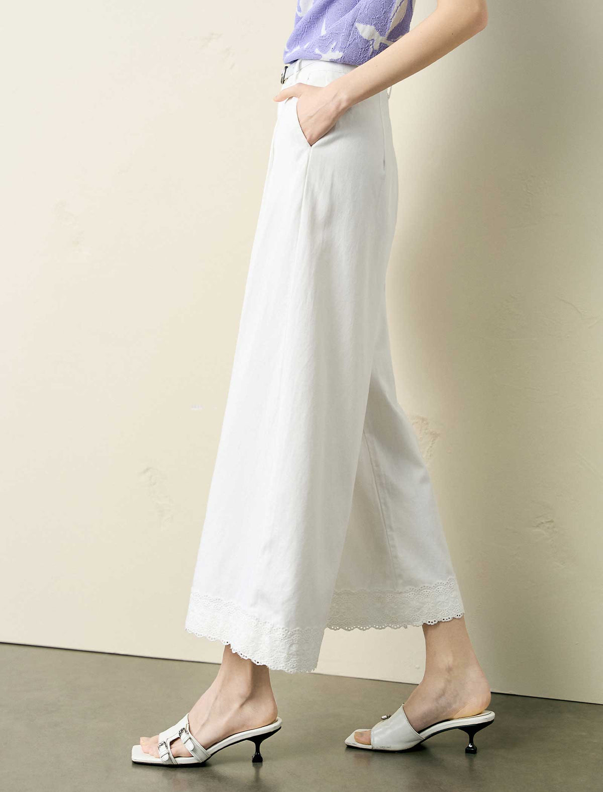 Lace Trim High Waist Cropped Wide Leg Pants