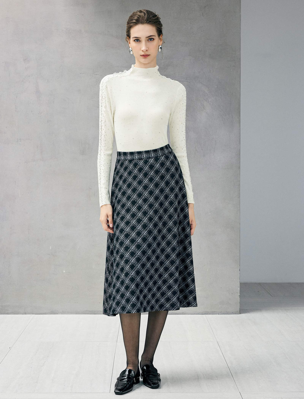 Wool Blend Rhinestone Lace-Sleeve Turtleneck Fitted Top