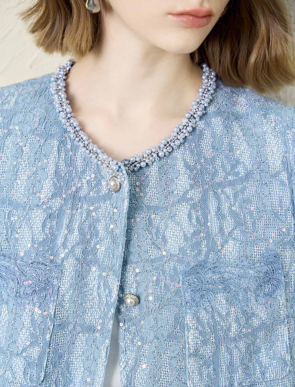 Pearl Trim Short Sleeve Lace Jacket Top