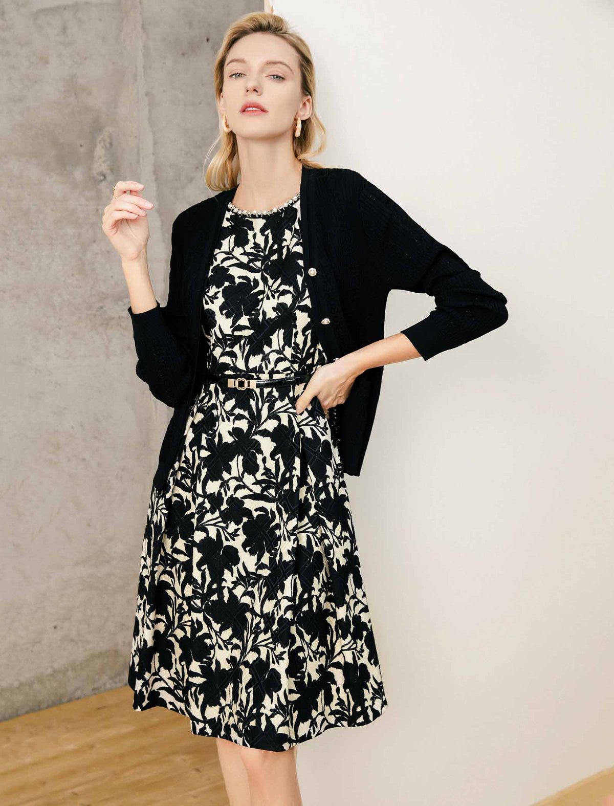 Beaded Neckline Black Floral Jacquard Sleeveless Dress