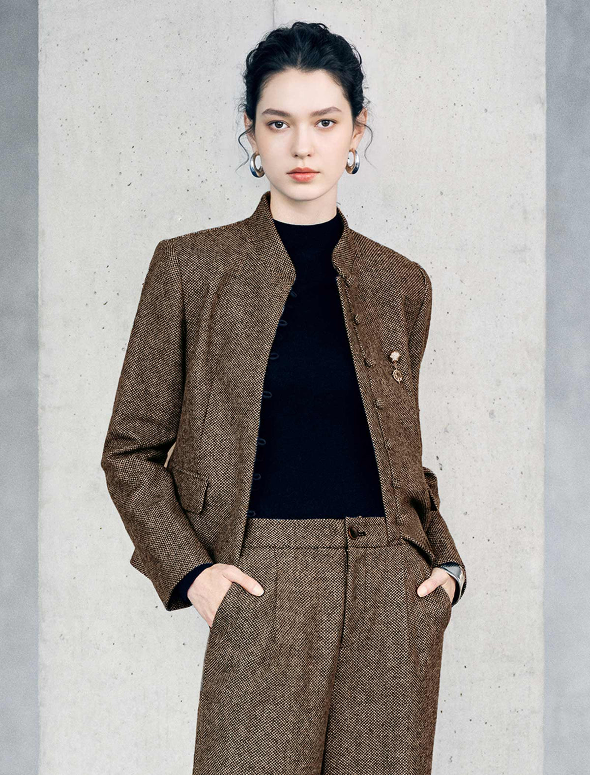 Wool Blend Mandarin Collar Cropped Jacket