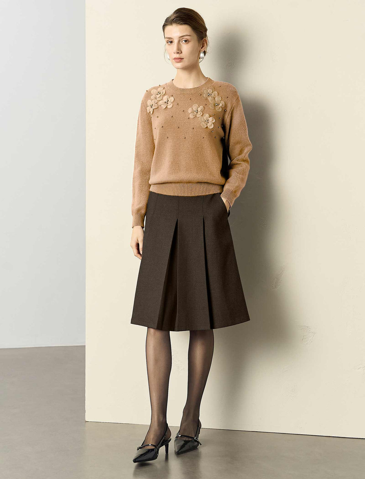 Wool Blend Floral Beaded Accents Crewneck Sweater