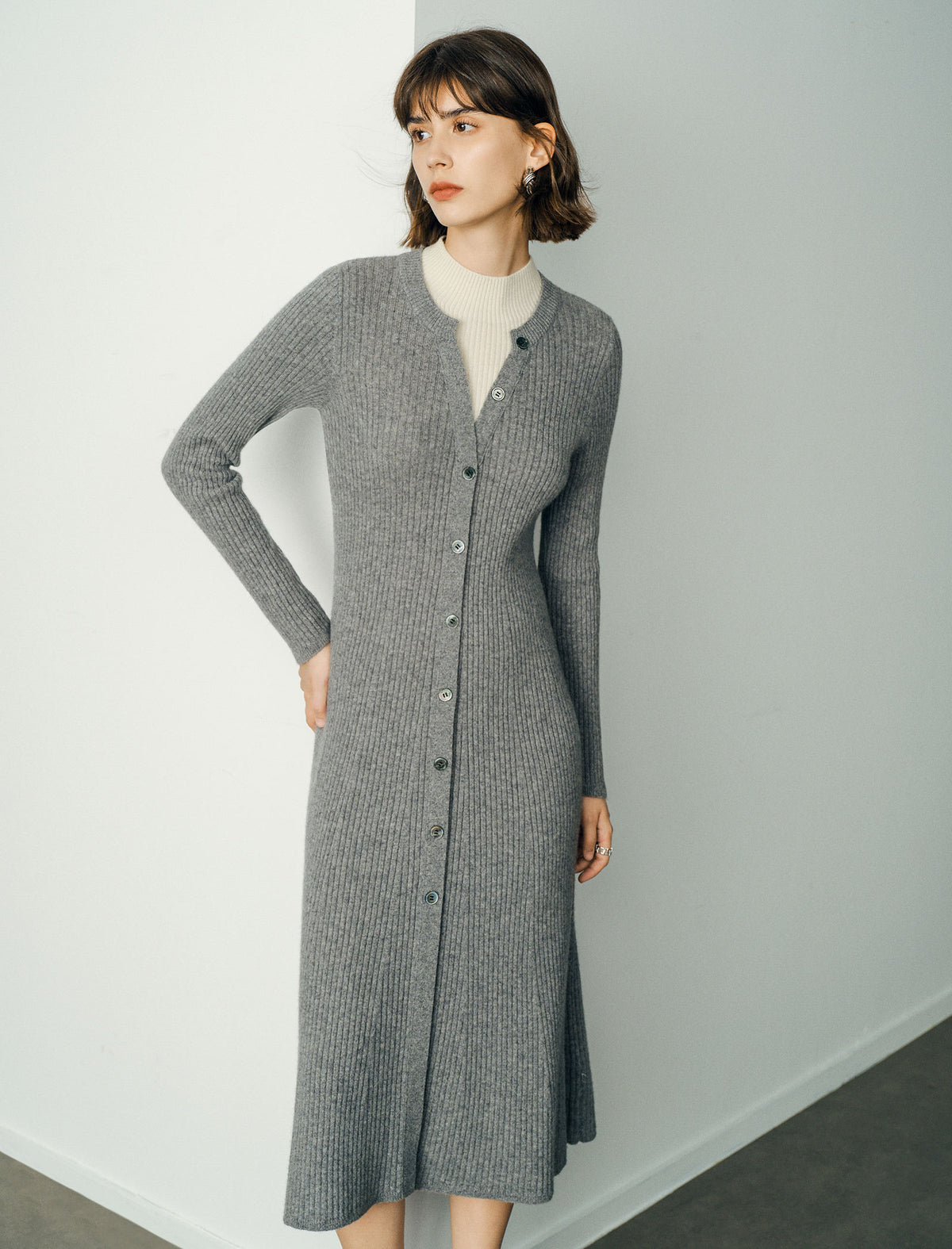 Wool Blend Long-Sleeve Button-Front Midi Dress