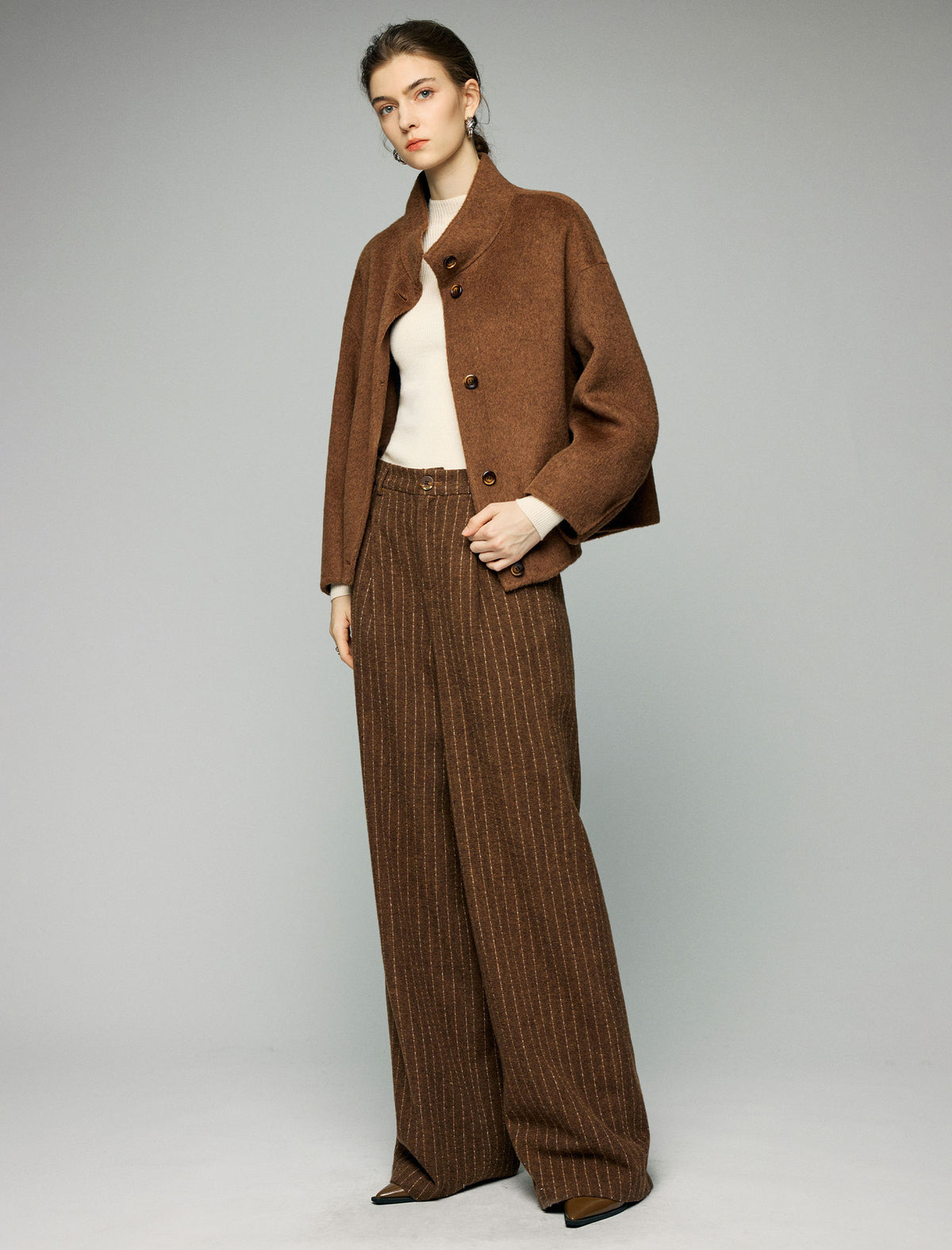 Wool Blend Stand-Collar Button-Front Balloon-Sleeve Cropped Jacket