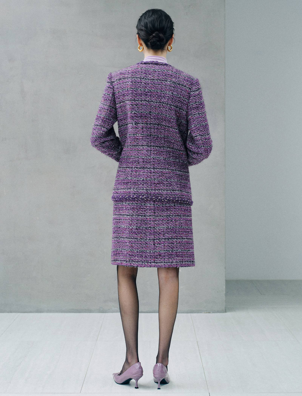 Wool Blend Textured Braided Trim Open-Front Jacket