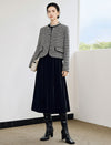 Velvet-Trim Crewneck Fitted Dress