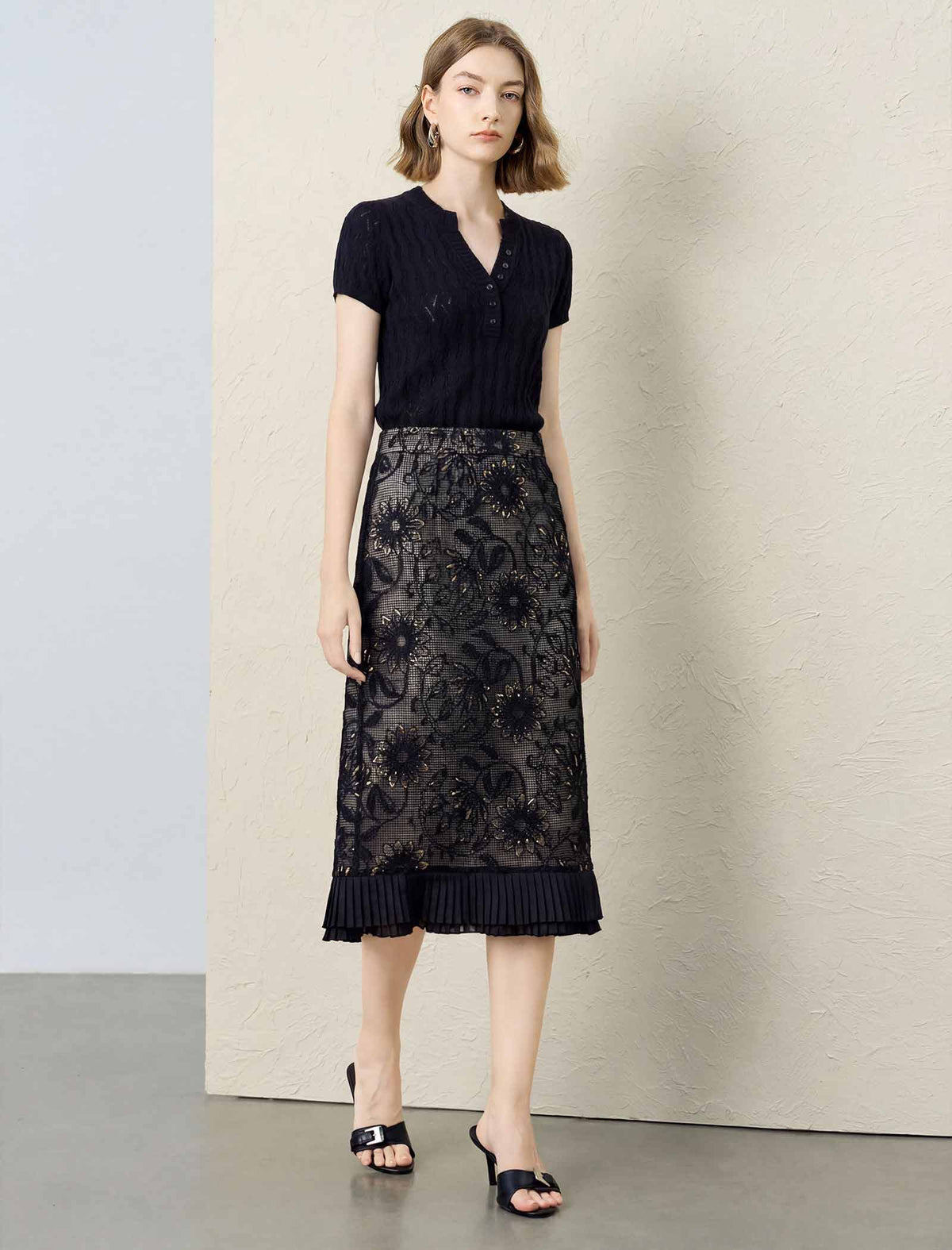 Lace Sequined Pencil Midi Skirt
