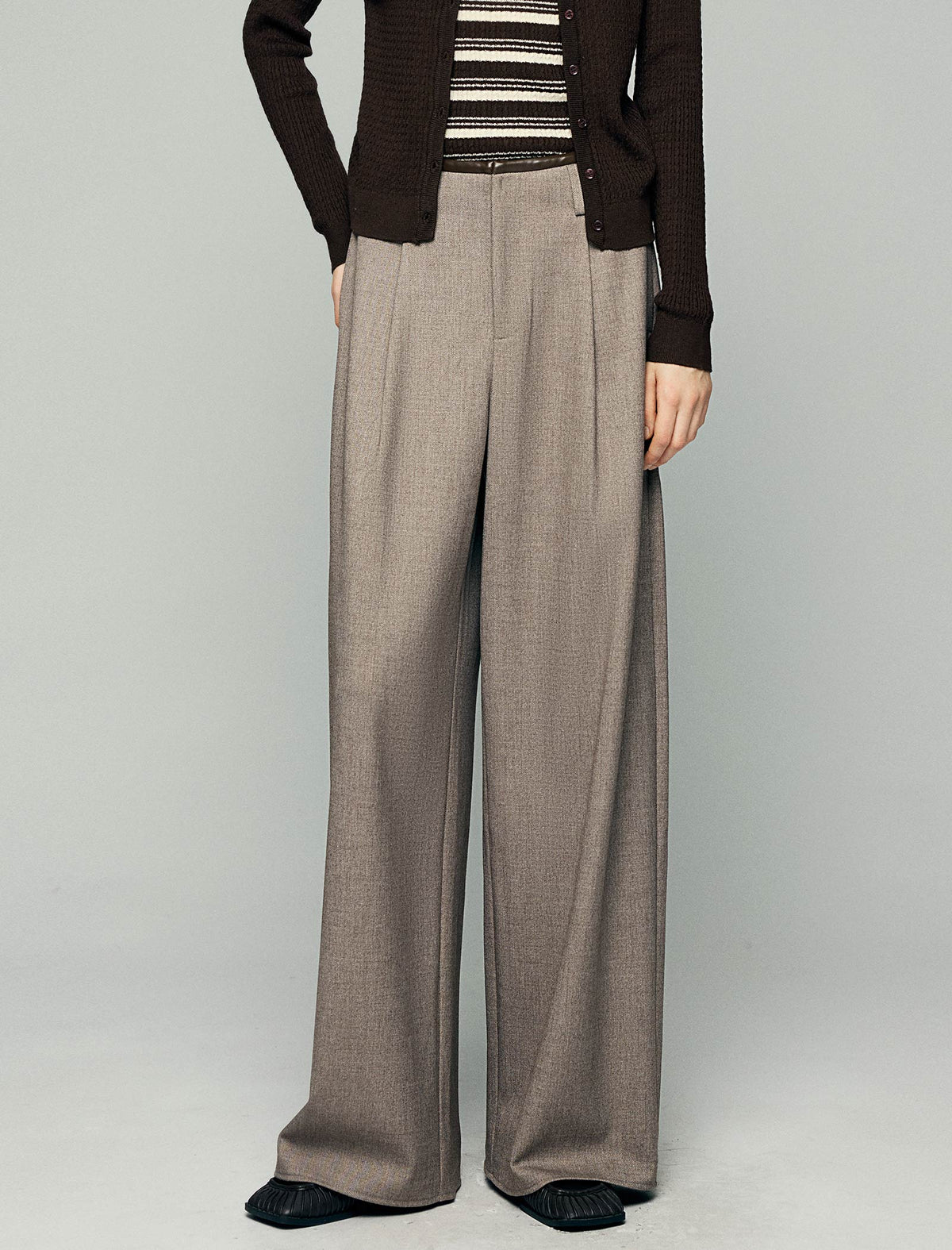 Wool Blend Pleated High-Waist Wide-Leg Pants