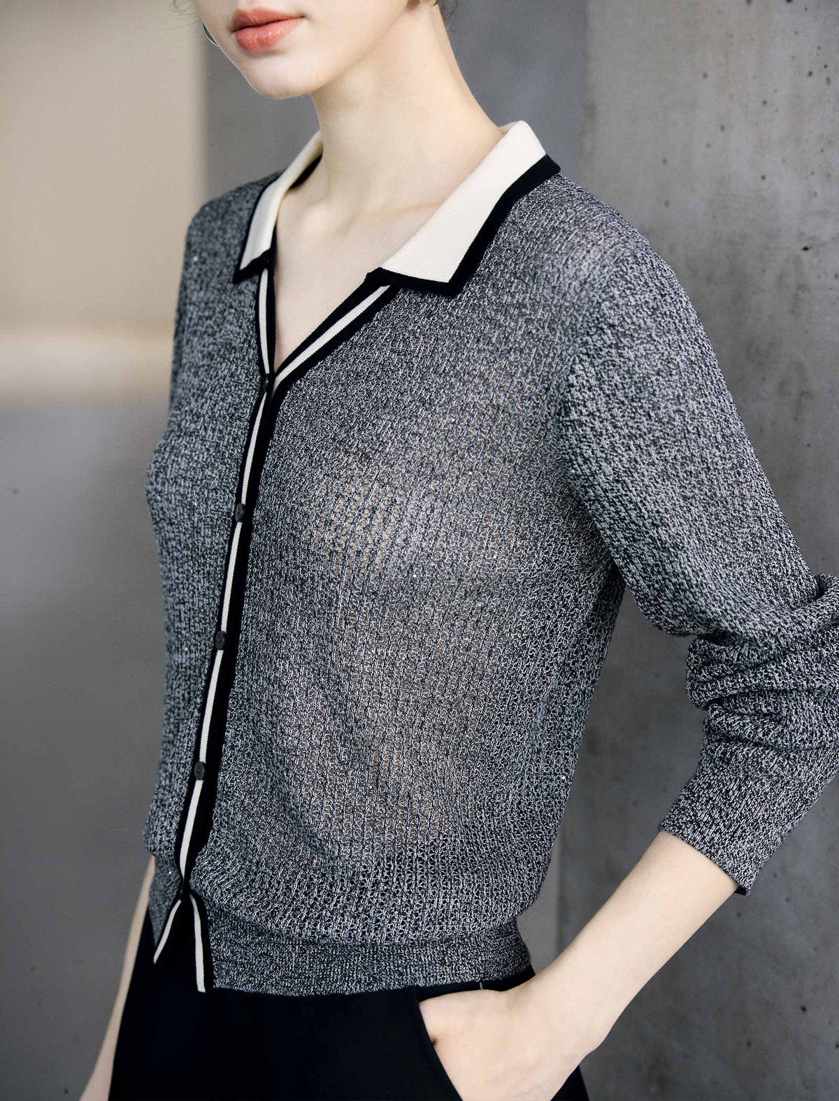 Color Block V Neck Sequin Knit Cardigan