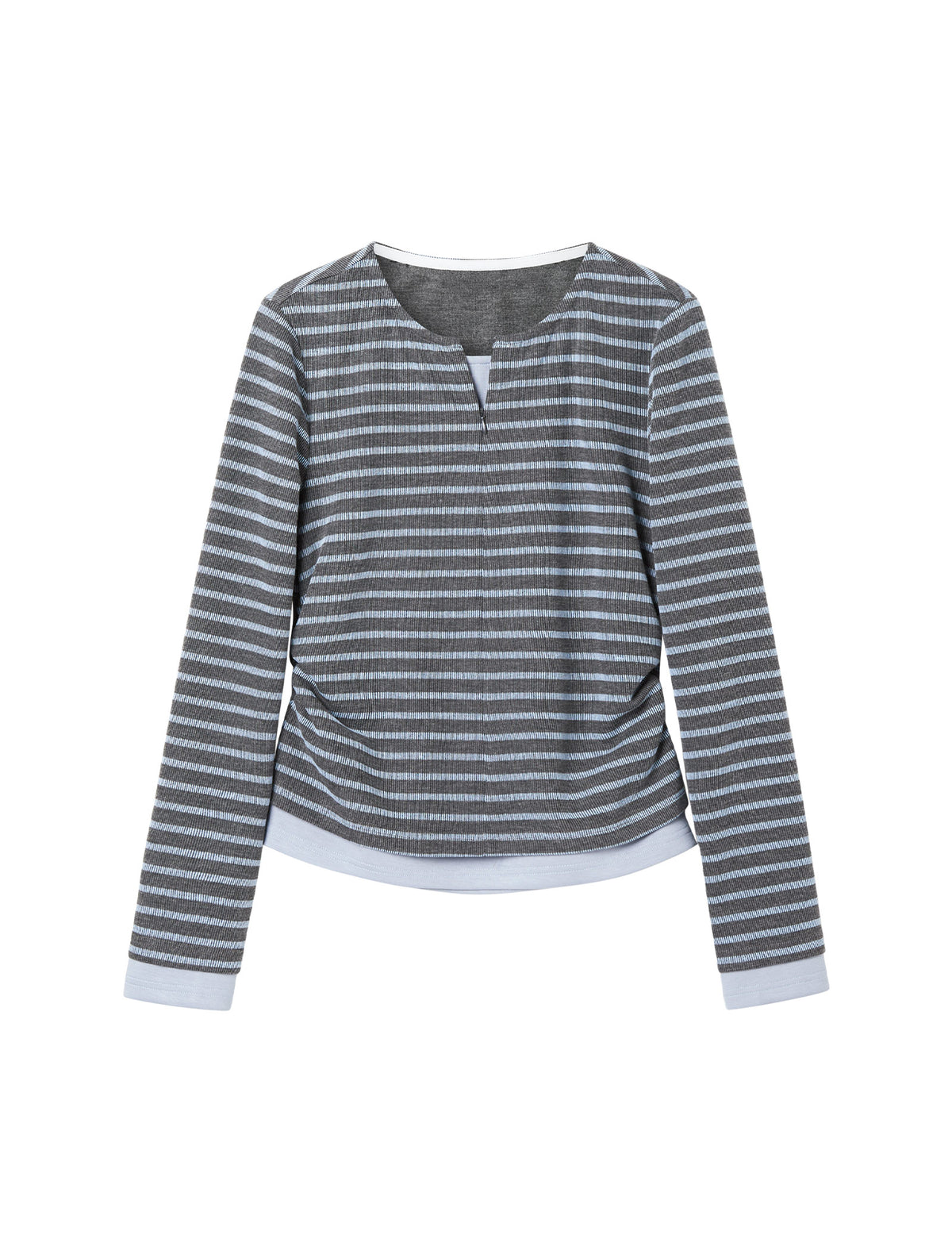 Stripe Long-Sleeve Notch-Neck Ruched Top