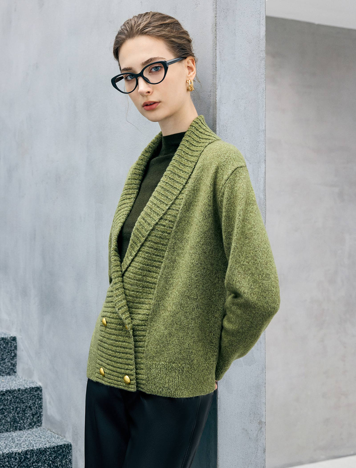Wool Blend Shawl-Collar Double-Breasted Cropped Cardigan