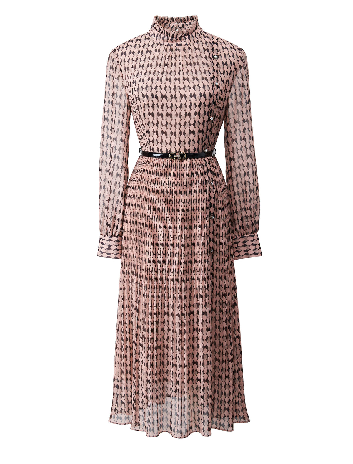 Geometric Print Ruffled Neckline Midi Dress