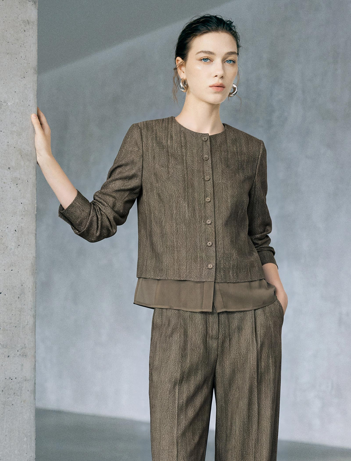Button Front Denim Look Ruffle Hem Blouse