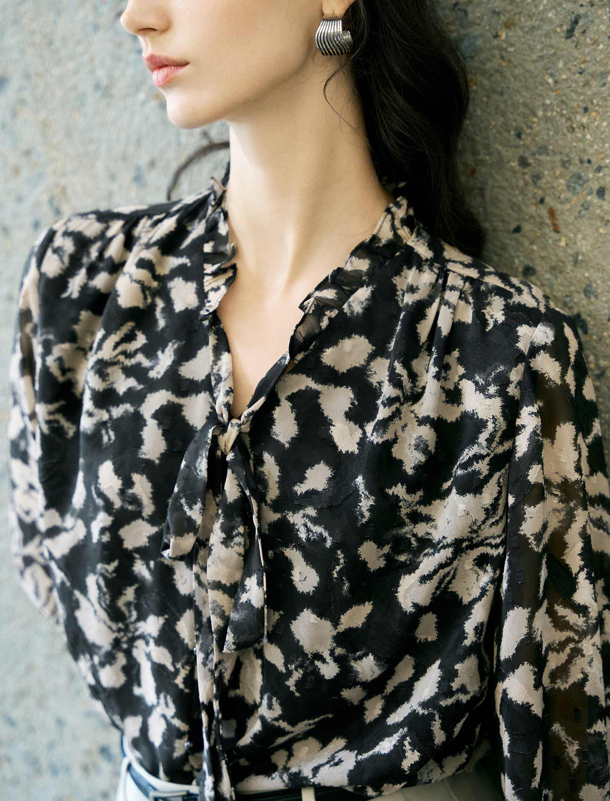 Black Tie-Dye Tie-Neck Blouse