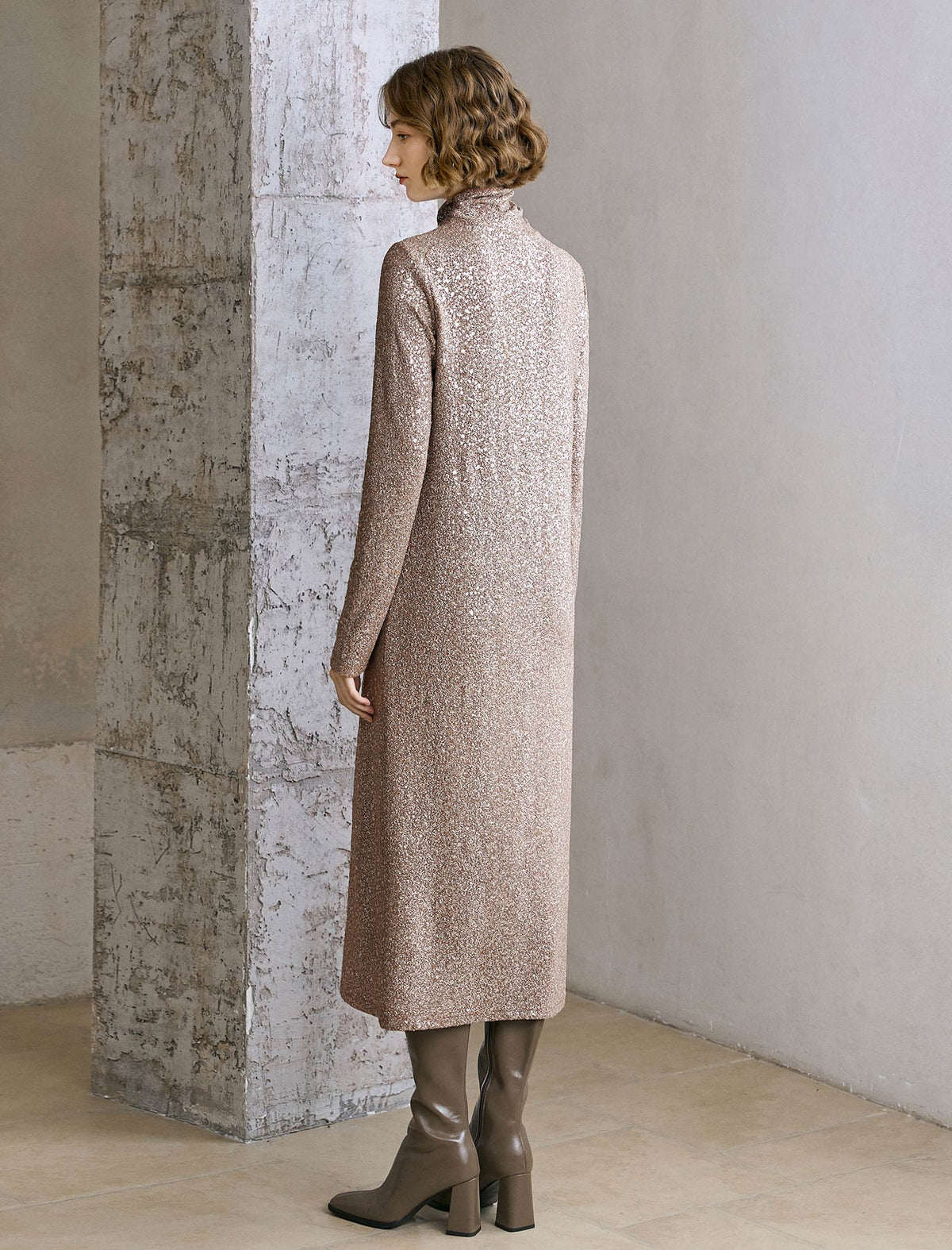 All-Over Sequin Turtleneck Midi Dress