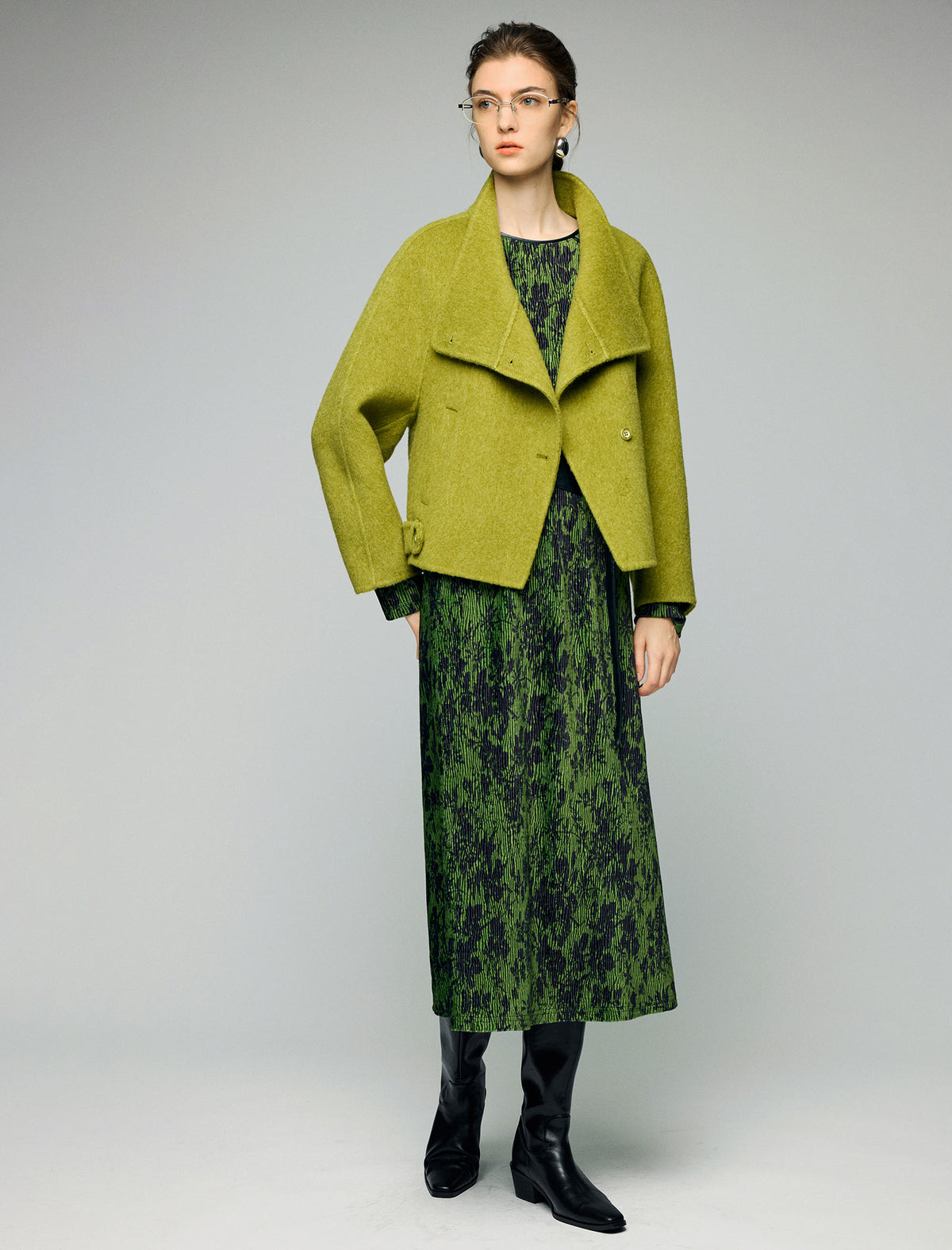 Wool Blend Ruched-Lapel Raglan-Sleeve Cropped Jacket