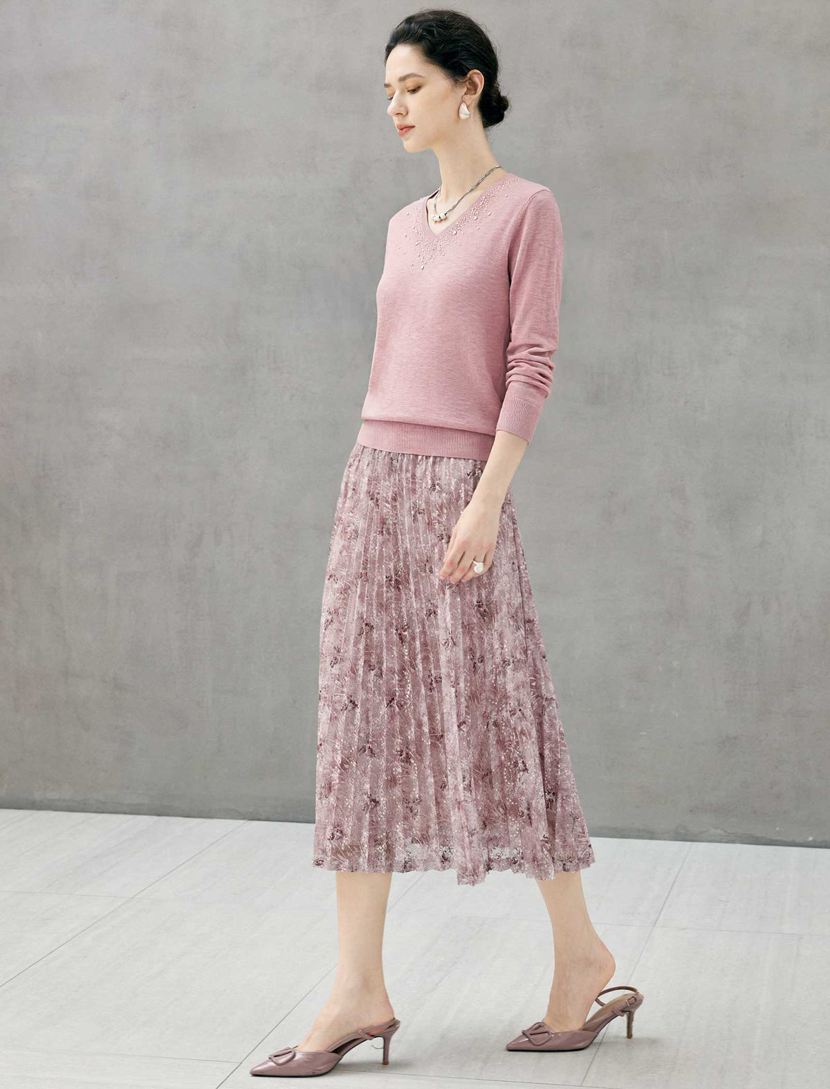 Dusty Pink Lace Pleated Midi Skirt