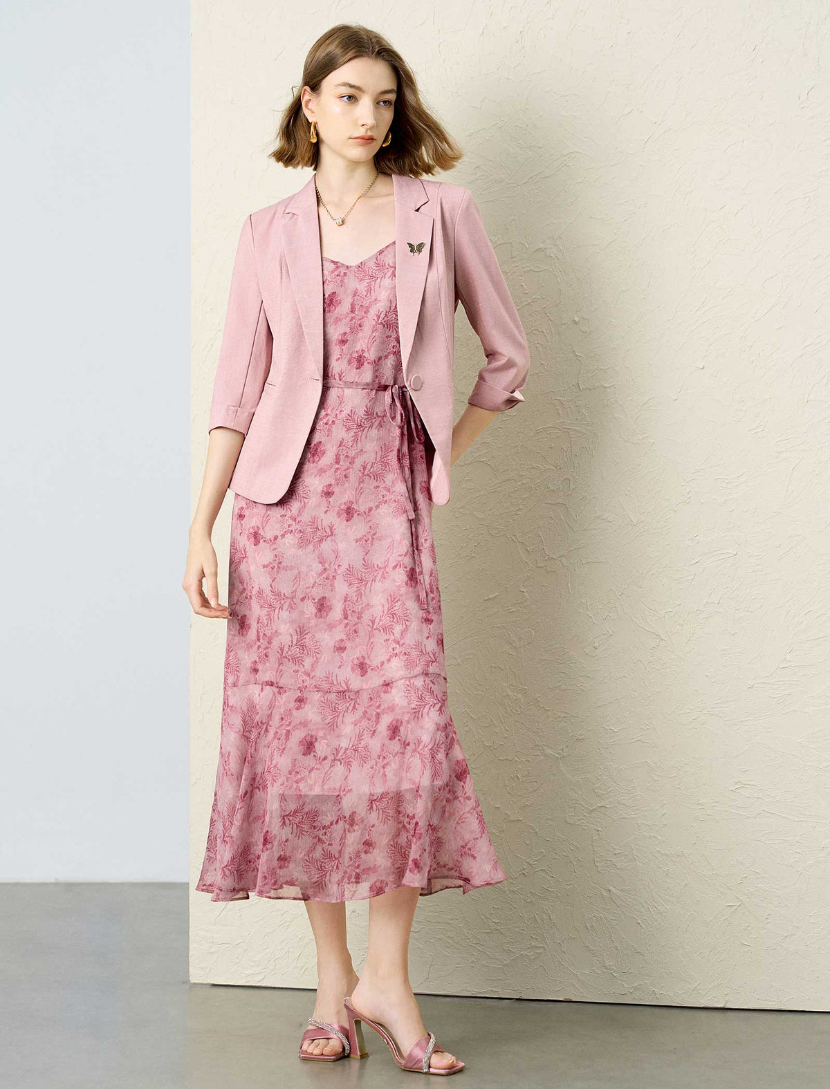 Dusty Pink Single Button Rolled Cuff 3/4 Sleeve Blazer