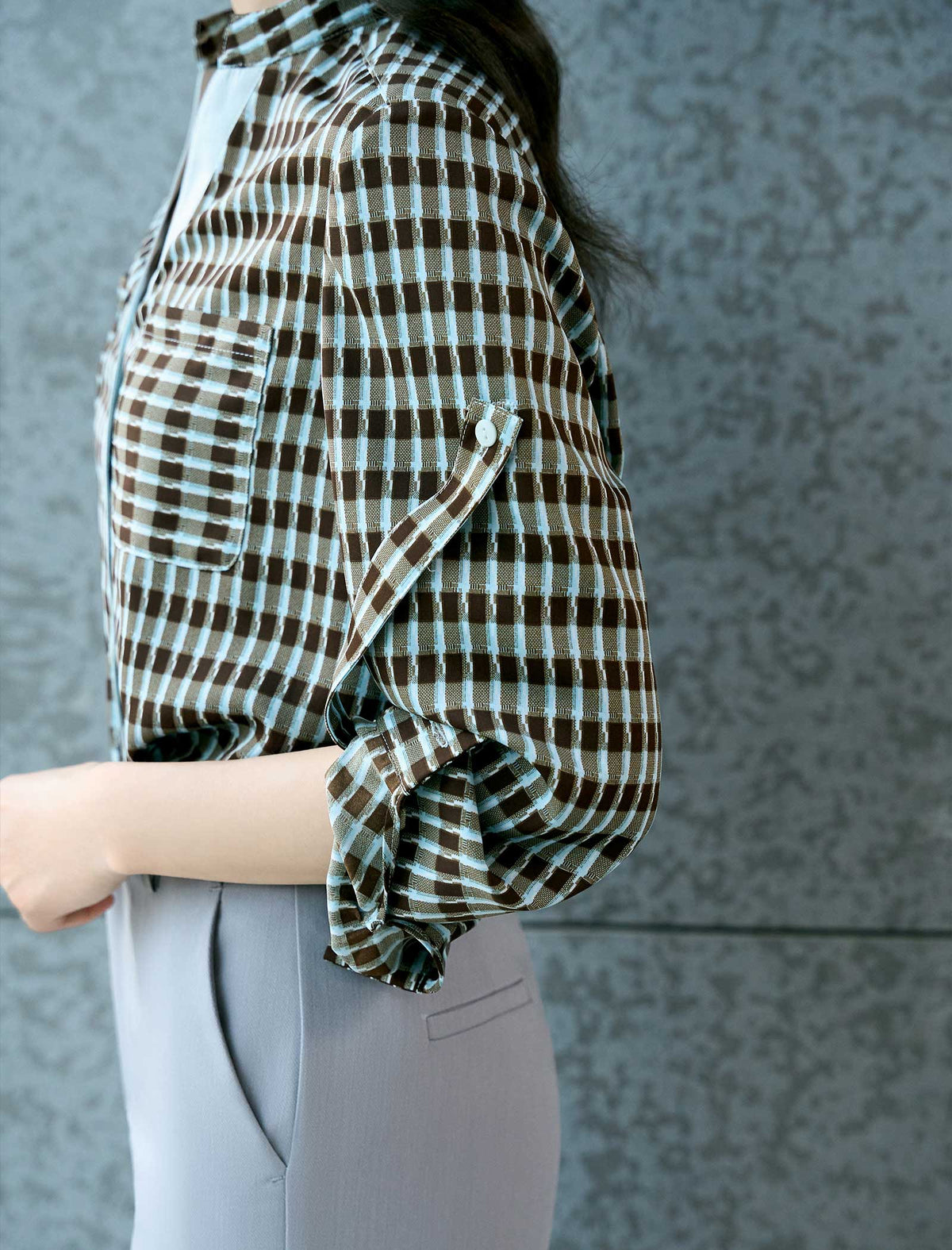 Checked Button-Down V Neck Shirt
