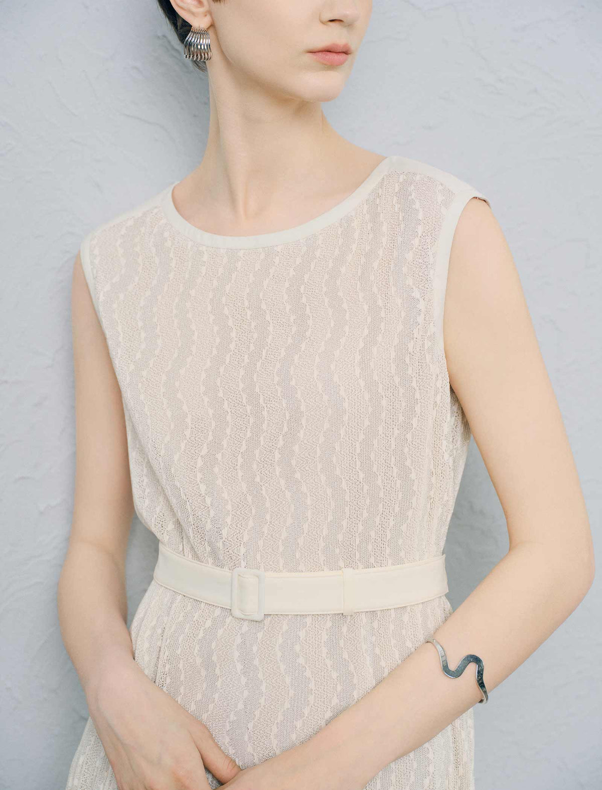 Wave Lace Boat Neck Belted Pleated Midi Dress