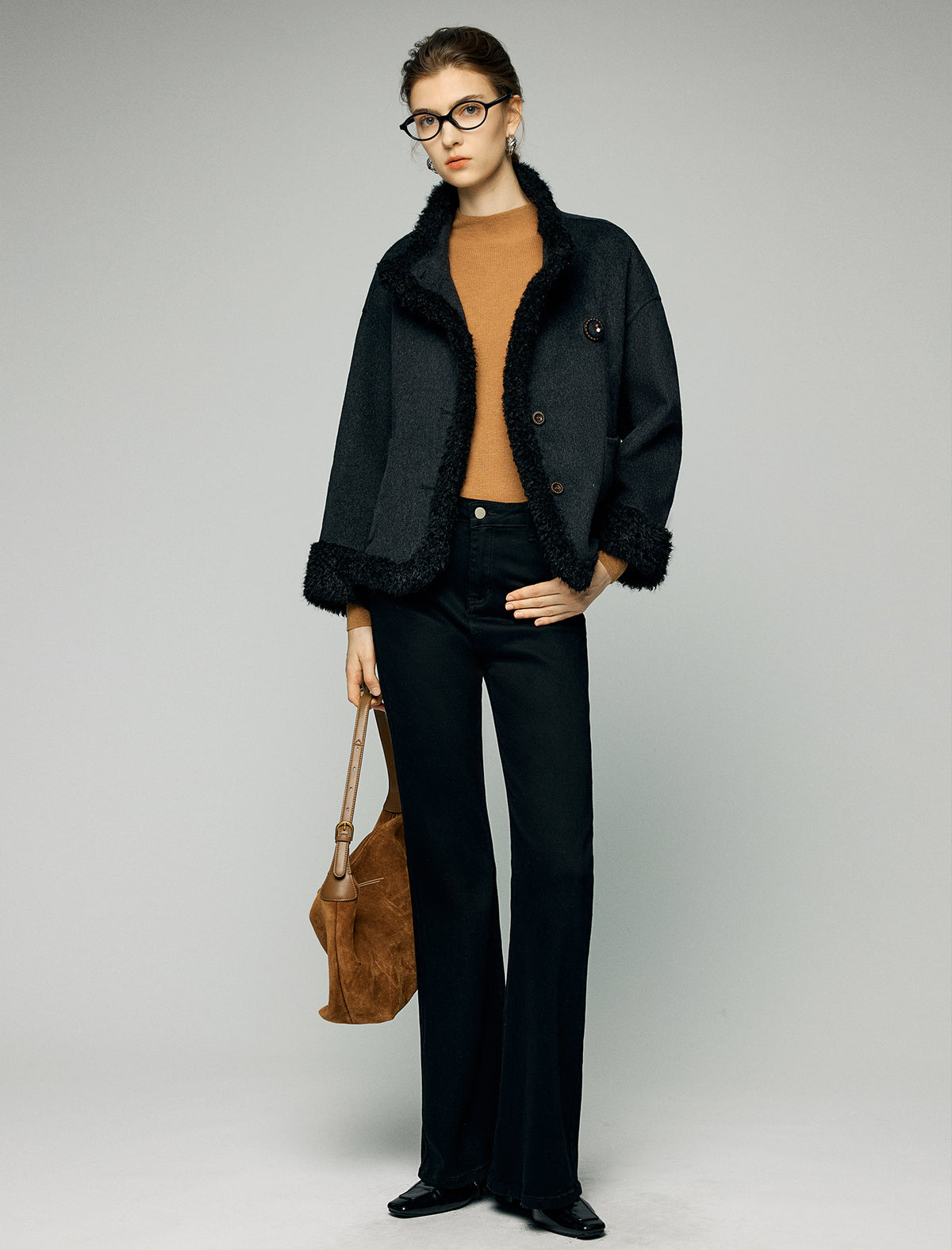 Wool Blend Contrast-Trim Button-Front Cropped Jacket