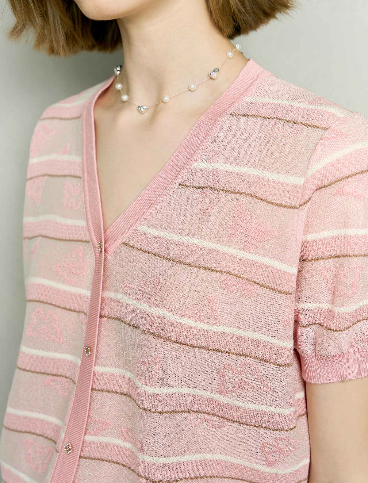 Striped Butterfly Embroidery V-Neck Tencel Blend Knit Cardigan Top