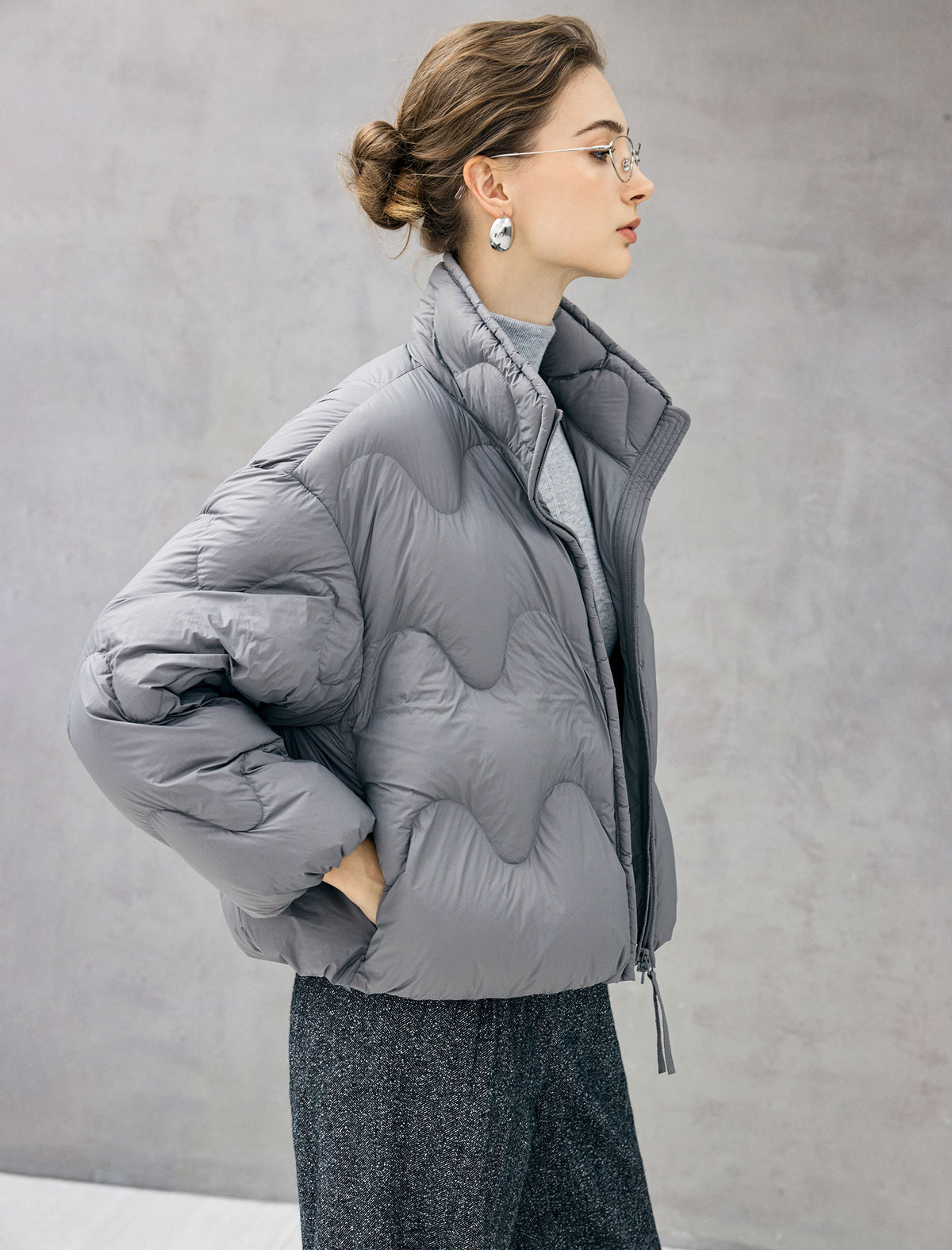 Wave-Quilted Stand-Collar Balloon-Sleeve Cropped Puffer Jacket