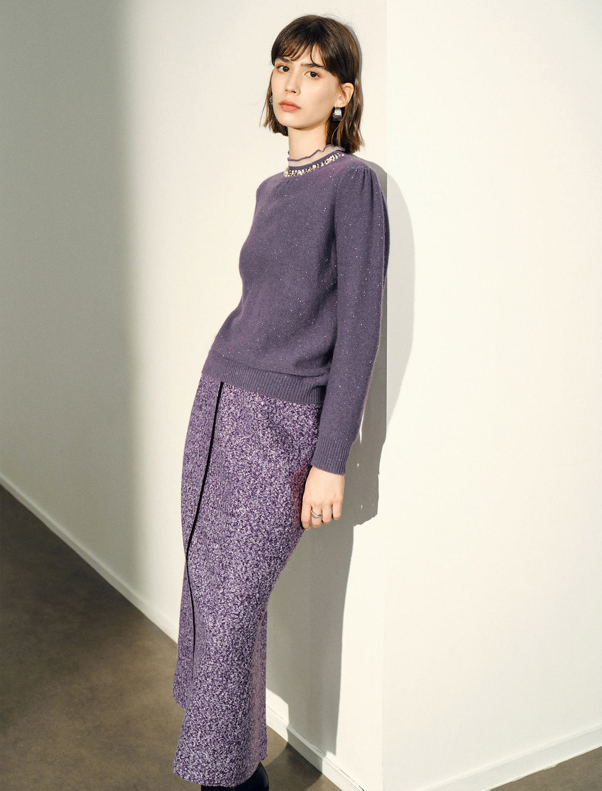 Pearl‑Trim Ruffle Neck Wool Blend Sweater