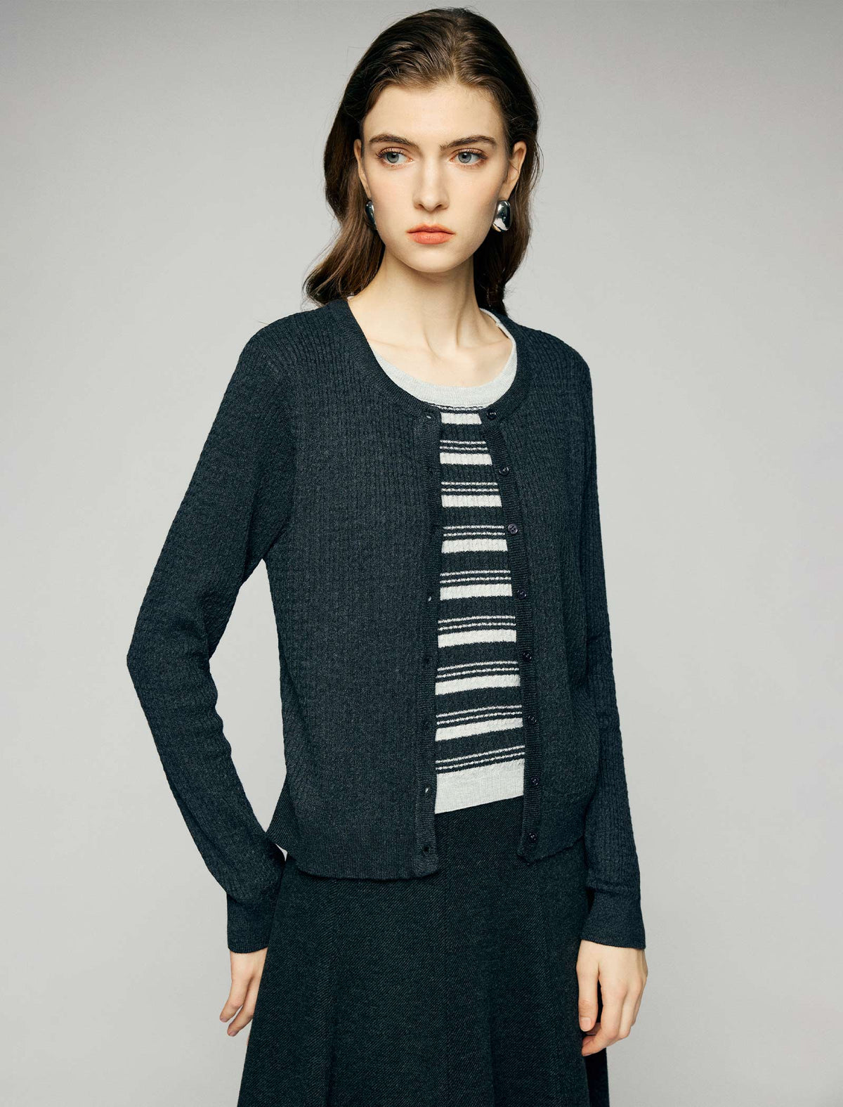 Blend Textured Long Sleeve Button Front Cardigan