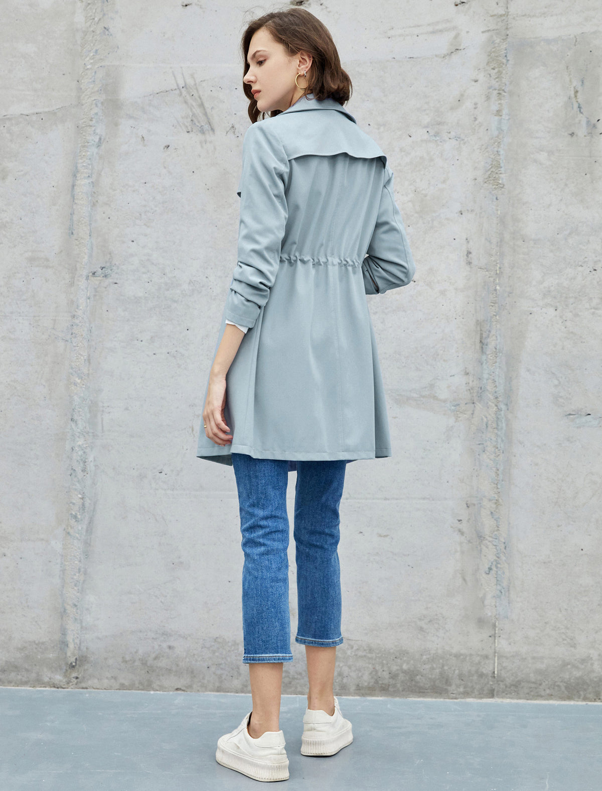 Drawstring Waist Double-Breasted Long Sleeve Trench Coat