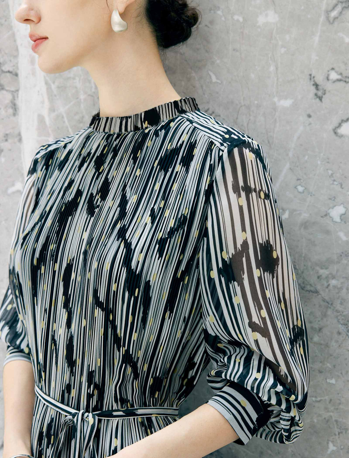 Abstract Print Belted Long Sleeve Midi Dress