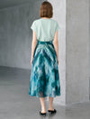 Green Blue Watercolor Print Chiffon Midi Skirt
