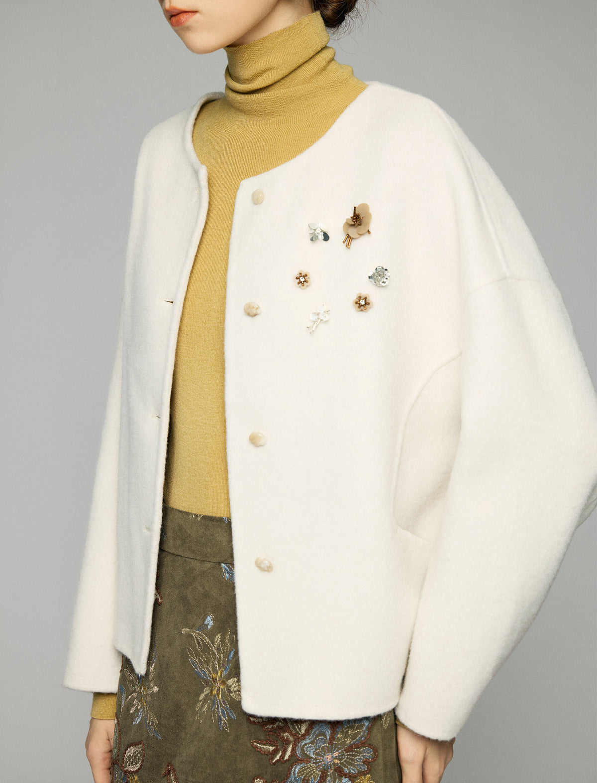 Wool Blend Beaded Floral Applique Crewneck Cropped Jacket