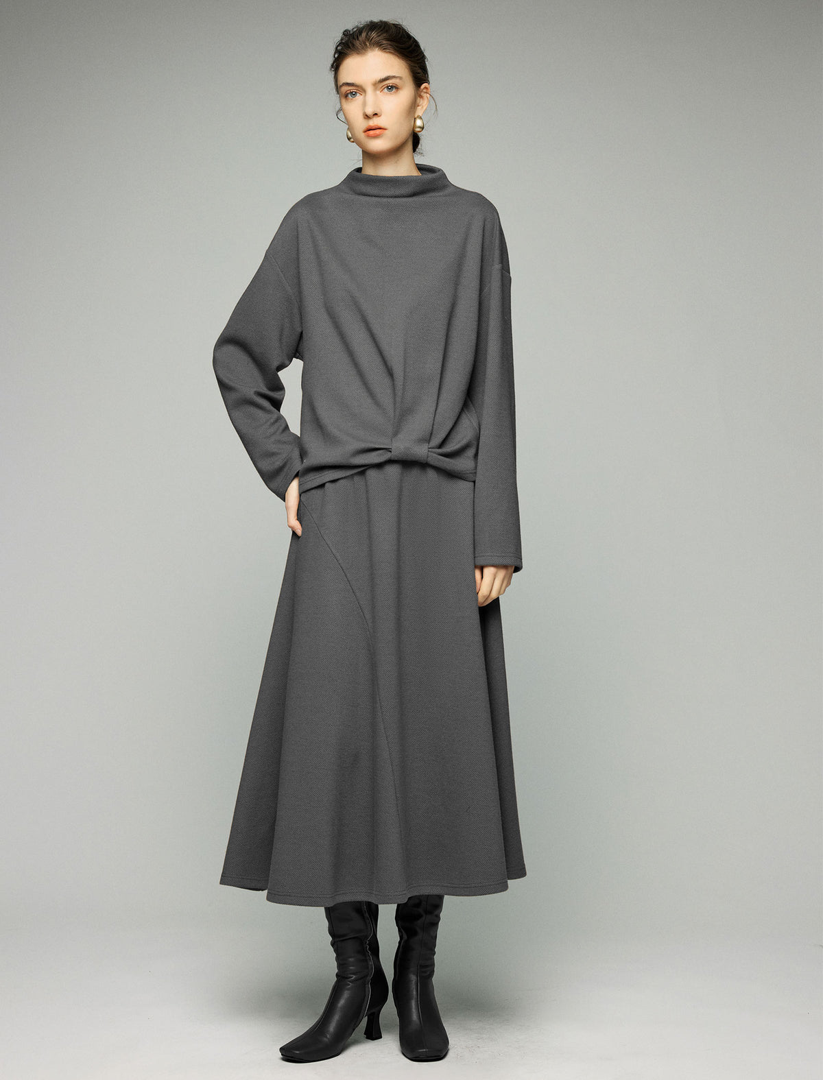 Wool Blend Elastic-Waist A-Line Midi Skirt