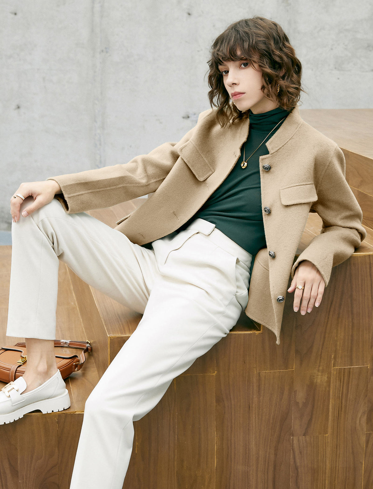 Wool Blend Button-Front Cropped Jacket