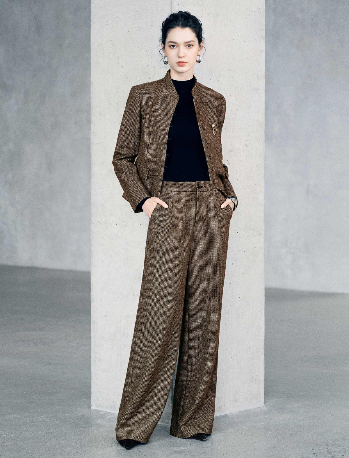 Wool Blend Mandarin Collar Cropped Jacket