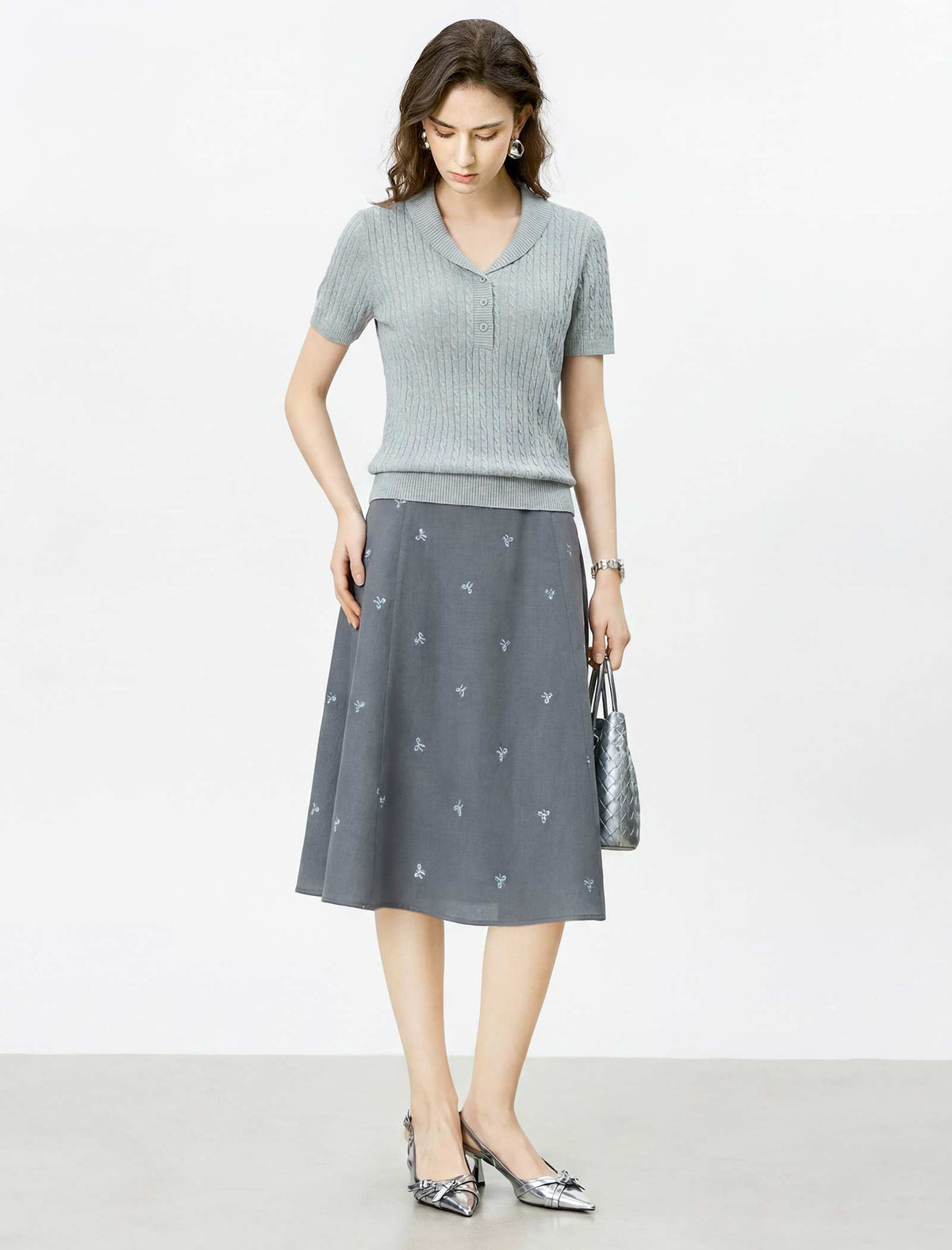 Cable Knit Short-Sleeve Polo Top