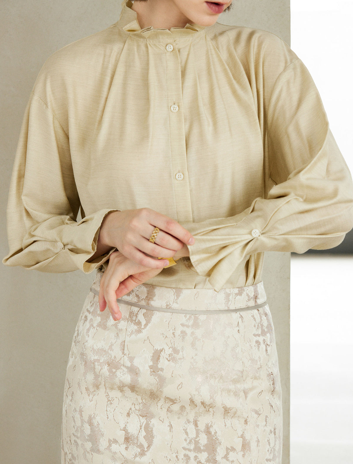 Ruffle Collar Long Sleeve Button Front Blouse