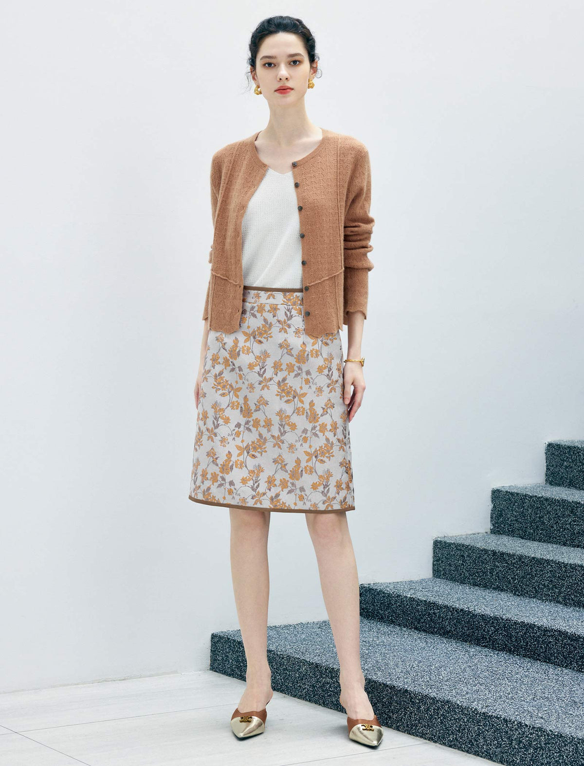High Waist Floral Jacquard A Line Midi Skirt