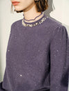 Pearl‑Trim Ruffle Neck Wool Blend Sweater