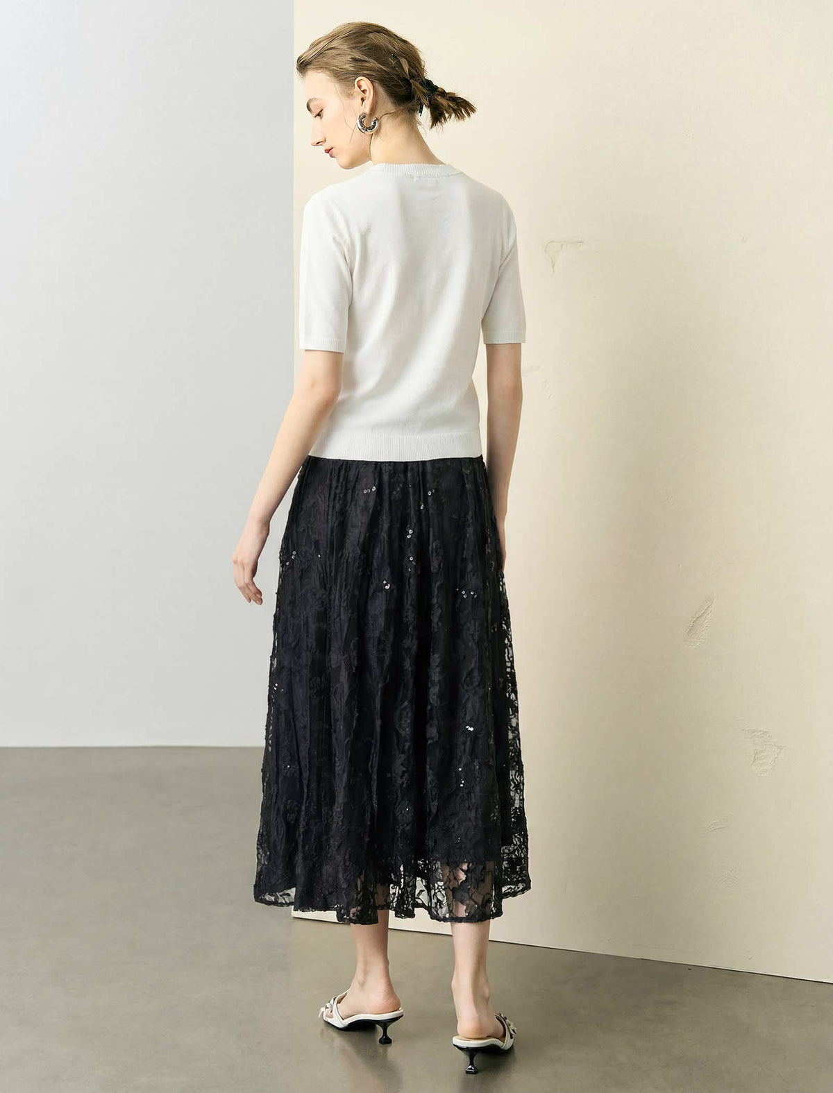 Sequin Floral Lace Midi Skirt
