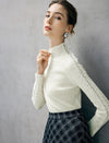 Wool Blend Rhinestone Lace-Sleeve Turtleneck Fitted Top
