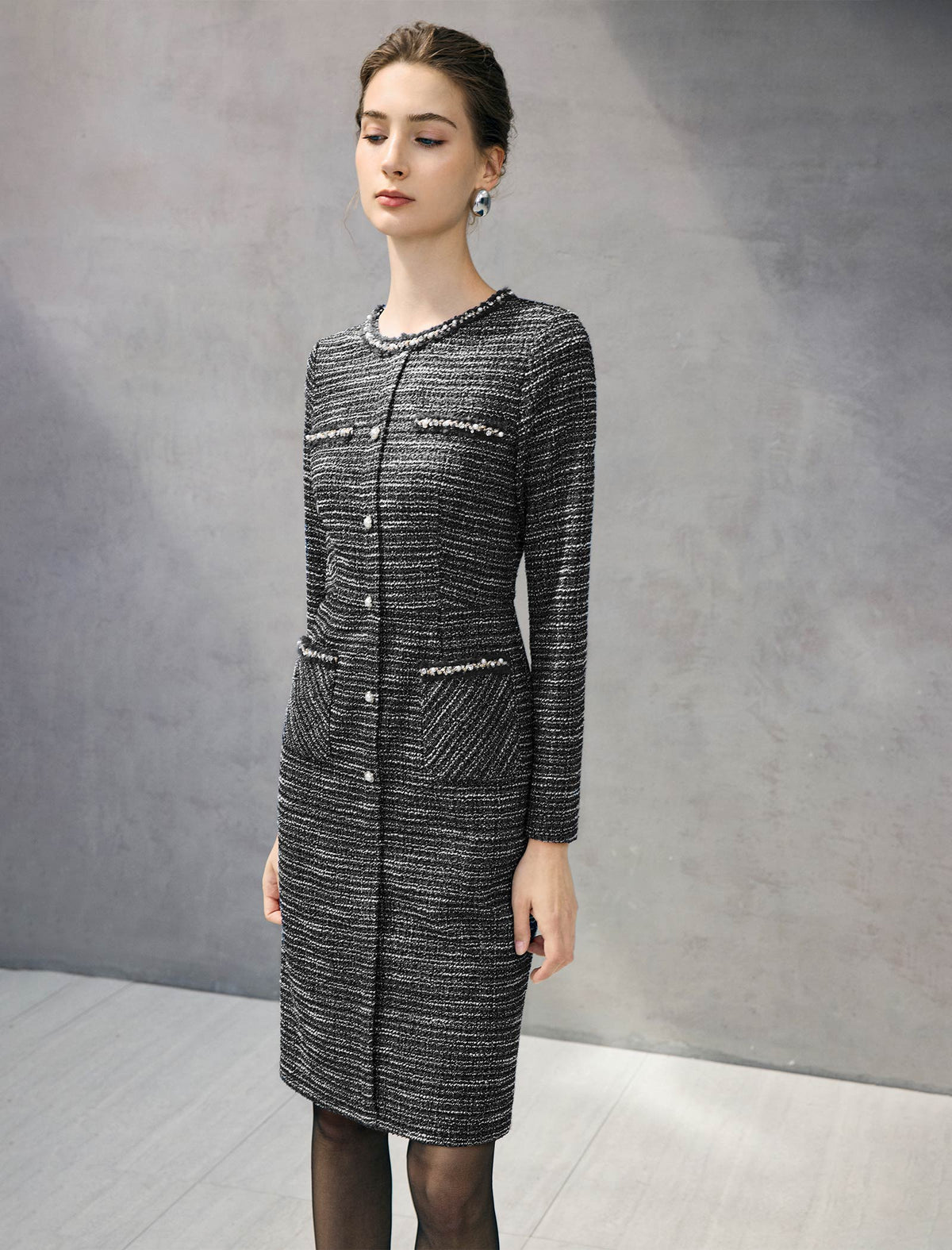 Braided-Trim Crewneck Long Sleeve Pearl-Button Straight Dress