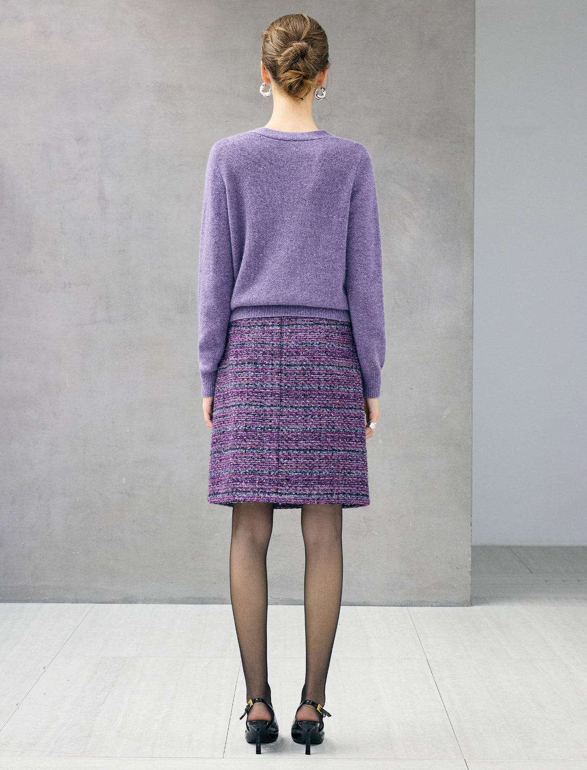 Wool Blend Shimmer Tie-Neck Cable-Knit Sweater