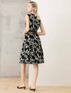 Beaded Neckline Black Floral Jacquard Sleeveless Dress