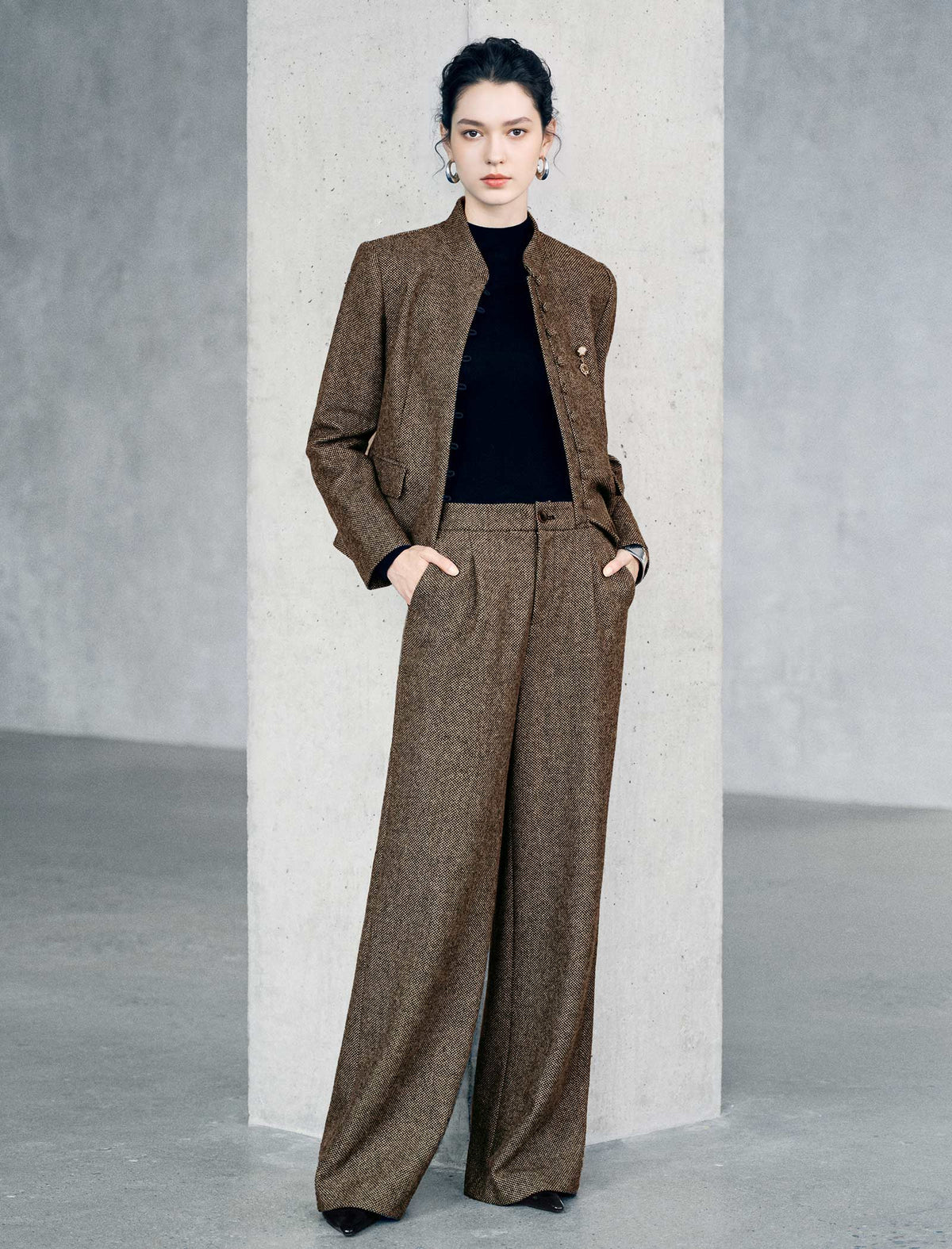 Wool Blend Mandarin Collar Cropped Jacket